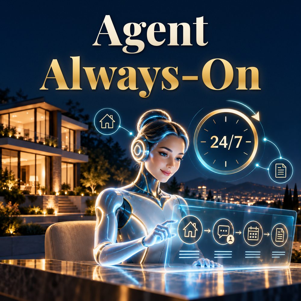 Agent Always-On working at night: a listing inquiry, a chat, a showing booked on the calendar and documents sent, all on a 24/7 clock